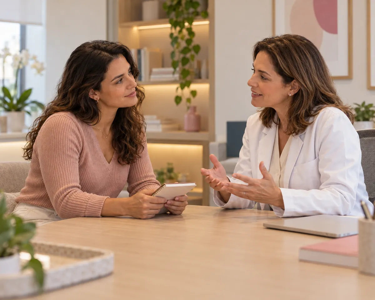 Mulher conversa com a médica no consultório, segurando um caderno com suas dúvidas.