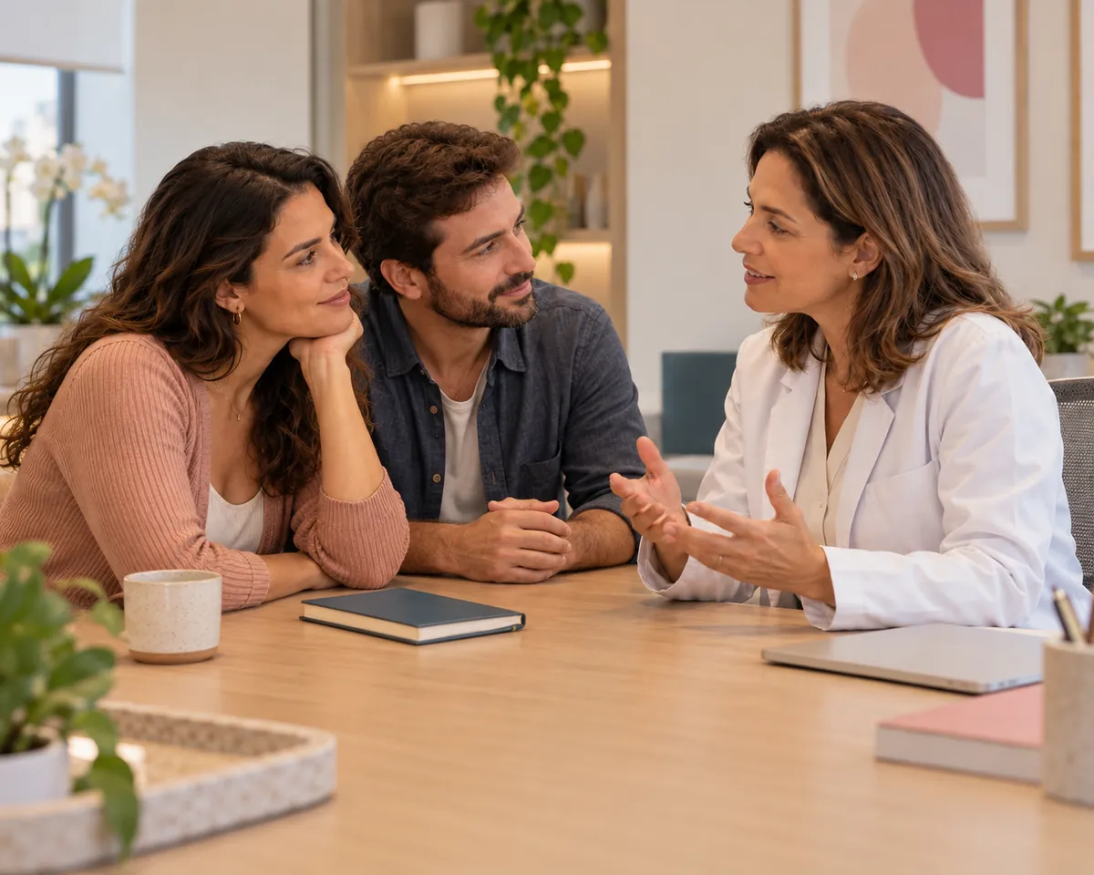 Casal conversa com a médica no consultório, com um caderno sobre a mesa.