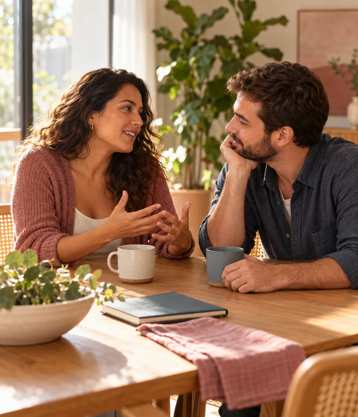 Casal conversa à mesa, com canecas e um caderno, em uma sala iluminada pelo sol.